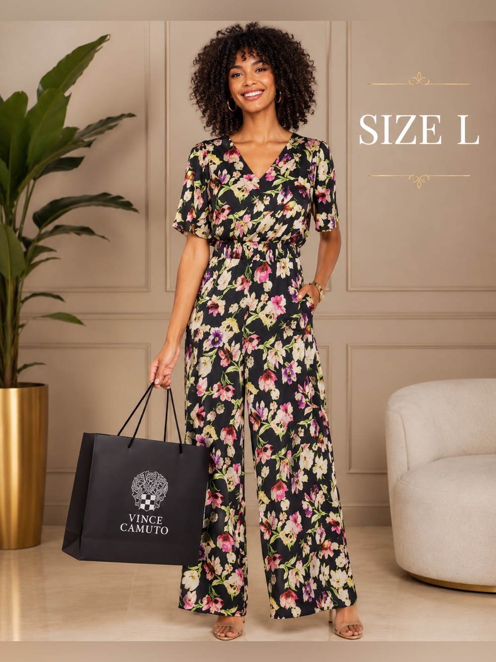 Vince Camuto Black Floral Wide-Leg V-Neck Jumpsuit